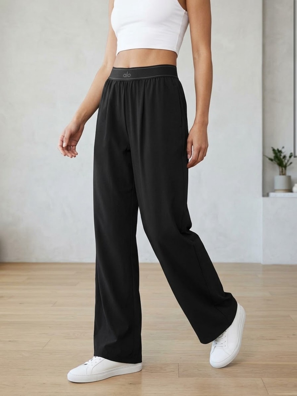 ALO Yoga Black Wide-Leg Lounge Pants with Elastic Logo Waistband